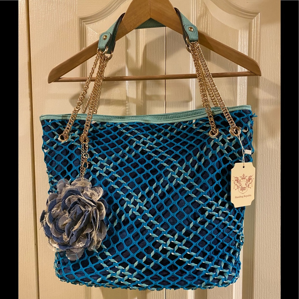 Turquoise Jean bag w/chain detailing and removable Jean rosette